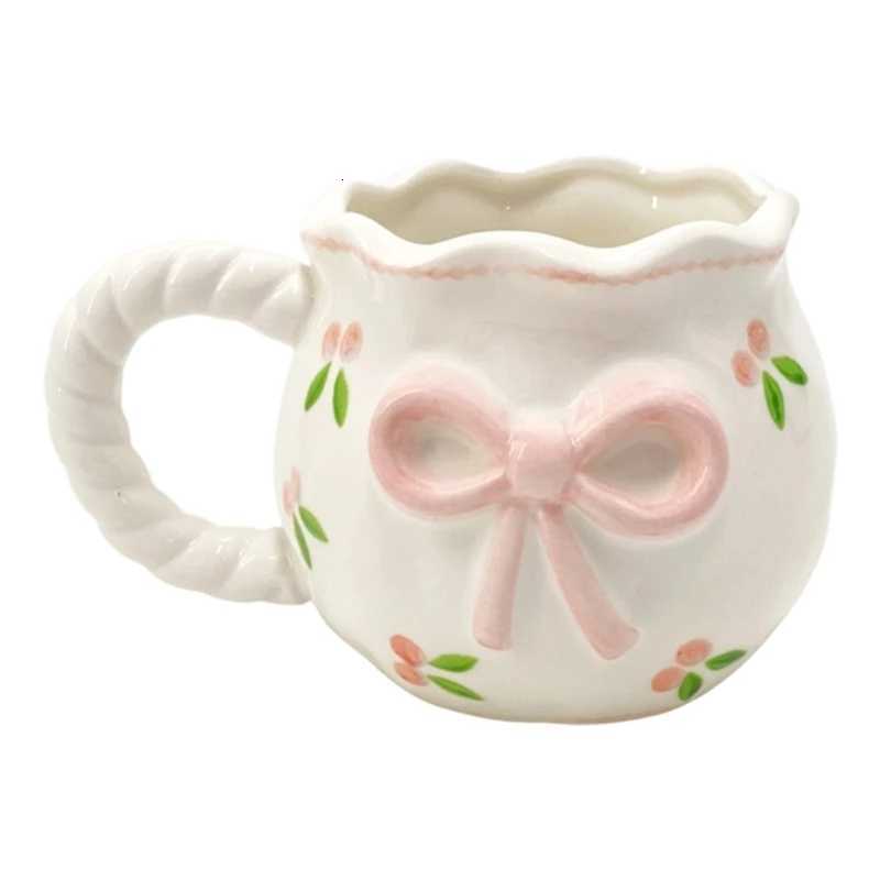 Ceramic Coffee Cup With Bows Pattern and Heat Resistant Finish Drinking g With Handle Drinkware for He Off Use H251215