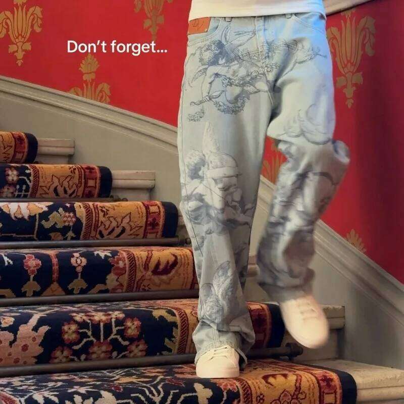 Y2k Retro Baggy Trendy Cupid Angel Pattern Men Women Pants American Hip Hop Streetwear Unisex Casual Straight Leg Jeans C251215