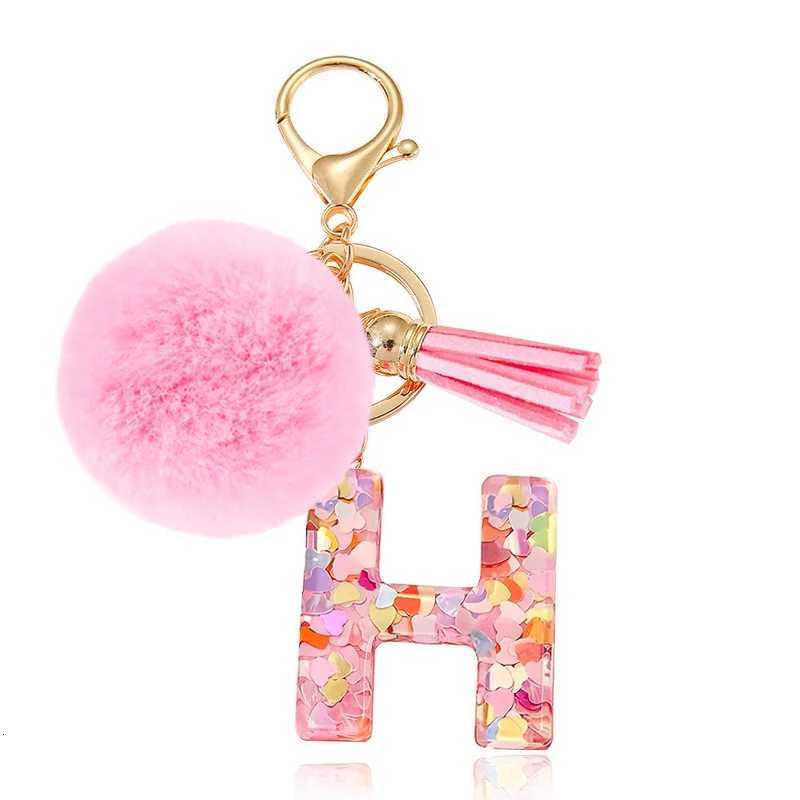 Trend Acrylic Pink Pompom Glitter 26 Initials Letter Keychain With Fluffy Resin Alphabet Charms Key Pendant Party Gift M251215