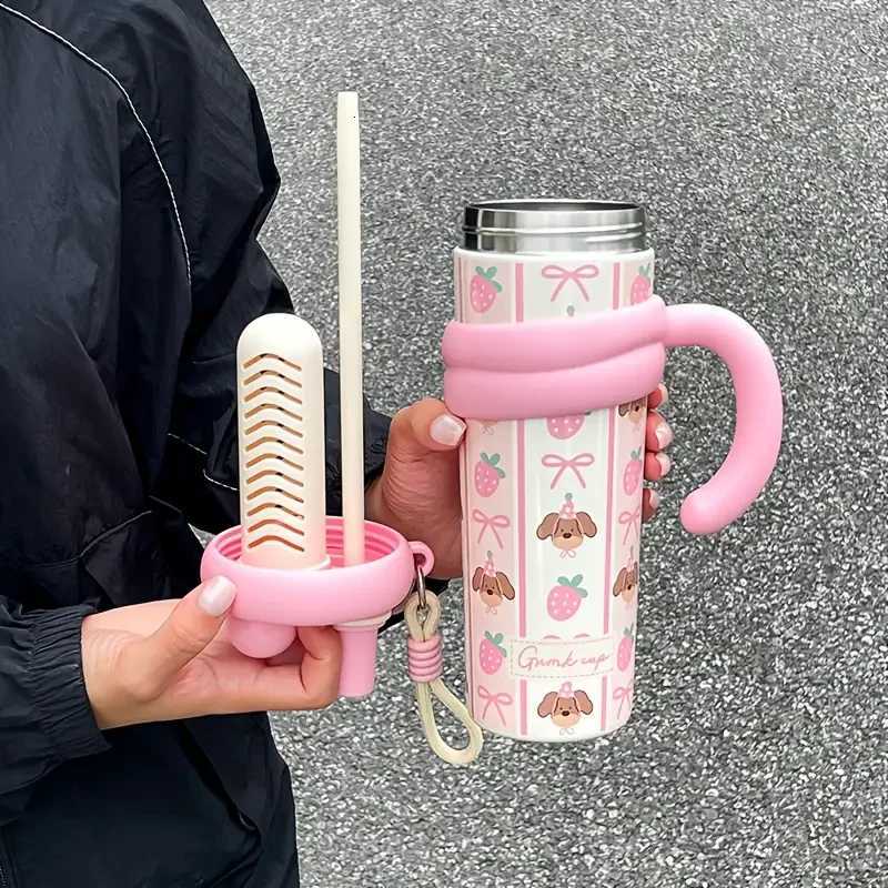 Cute Vacuum Thermos Bottle Double Wall Insulated Straw Tumbler Leakproof Tumbler with Handle Thermos for Car Camping Drinkware H251215