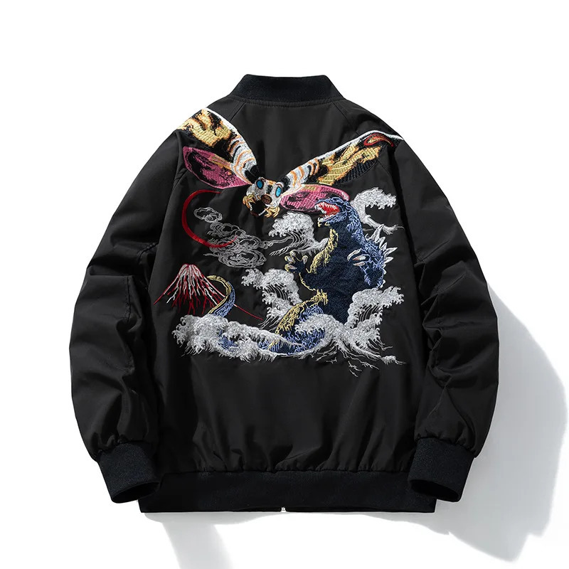 Black Mothra Sukajan Souvenir Jacket Men Boys Vintage Loose AllMatch High Street Coats Letterman Varsity Award Jackets 251212