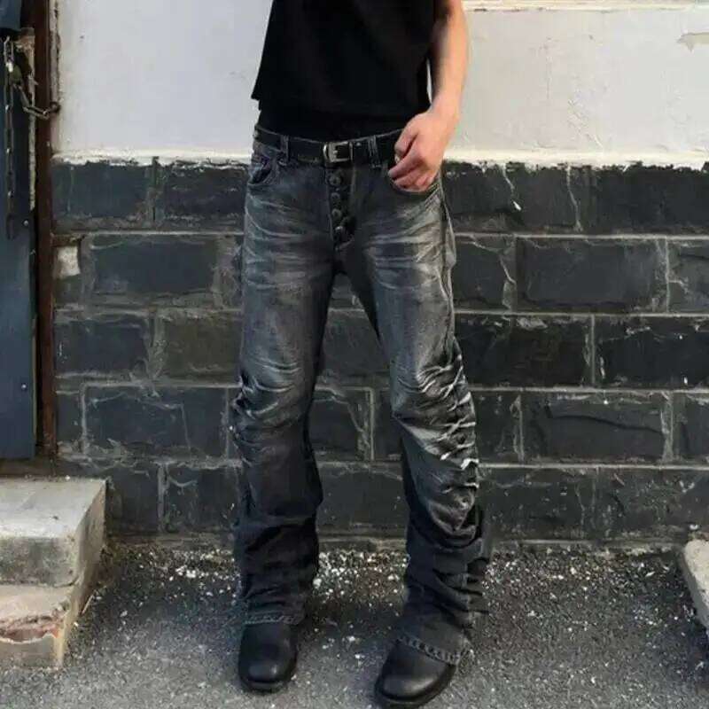 FEWQ American Style Men's Denim Pants Washing Button Design Pleated Loose Jeans Contrast Color Casual Male Bottom Vintage 4K5156 C251215