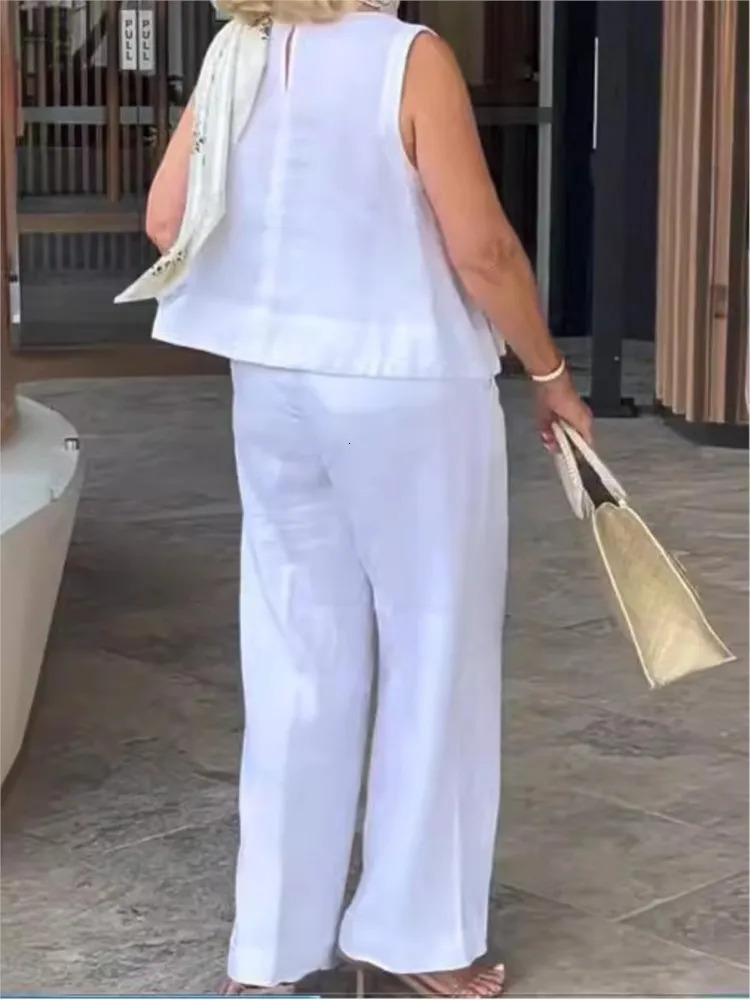 Simple Cotton Linen Womens Suits Summer Fashion Sleeveless Loose Blouse Wide Leg Pants Two Piece Set For Women Casual Outfits 251203