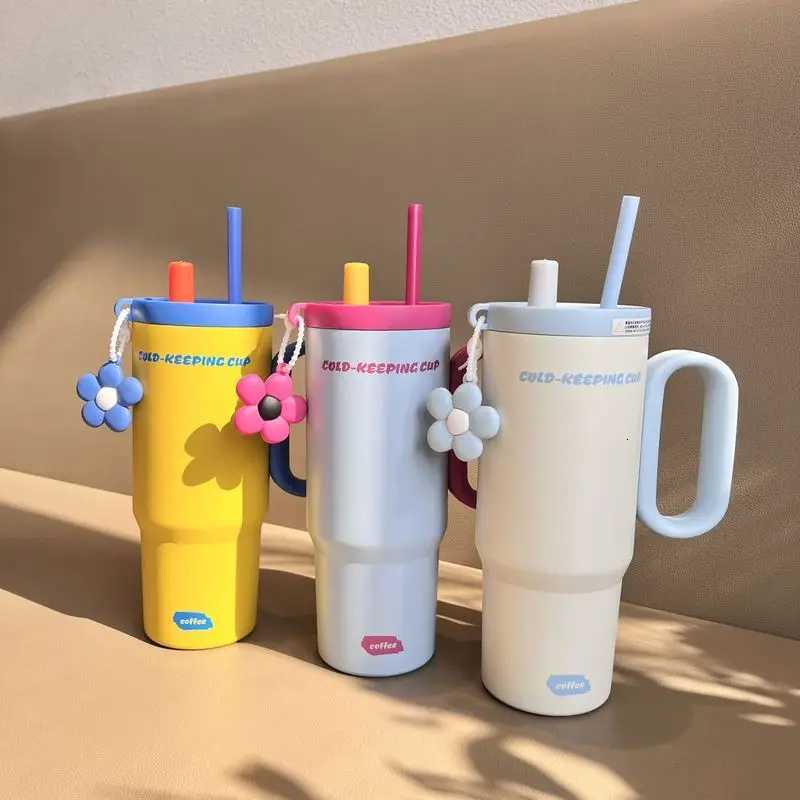 Large Capacity High Aesthetic Straw Water Bottle Couple Water Cup Girlfriend Gift Double Wall Insulated Stainless Steel Tumbler H251215