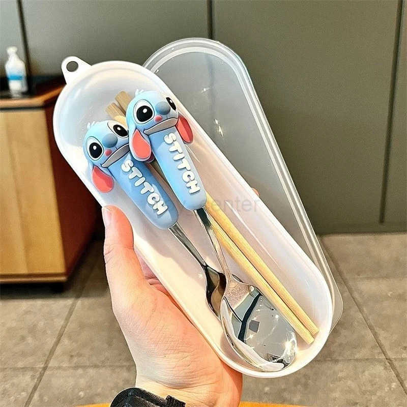 Disney Stitch cute sweet kawaii creative good value anime peripheral student portable cartoon cutlery set spoon fork chopsticks gift H251215