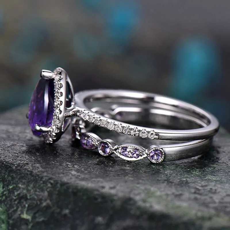 Purple Cubic Zircon Set Rings for Women Wedding Party Temperament Elegant Lady Accessories Fashion Jewelry M251215