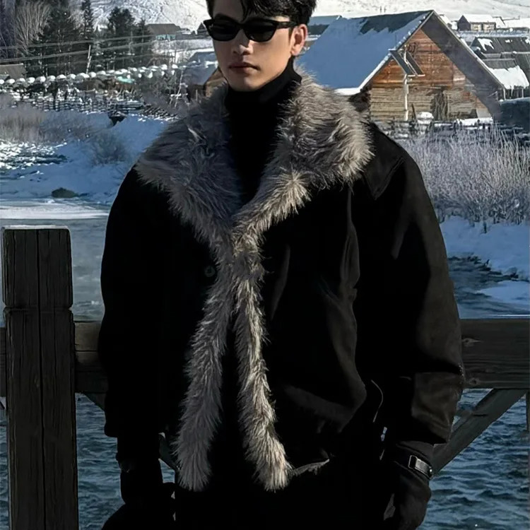 Autumn Winter Men Jacket American Turn Down Collar Male Plush Coat Patchwork Single-breasted Long Sleeve Man Outerwear 251223