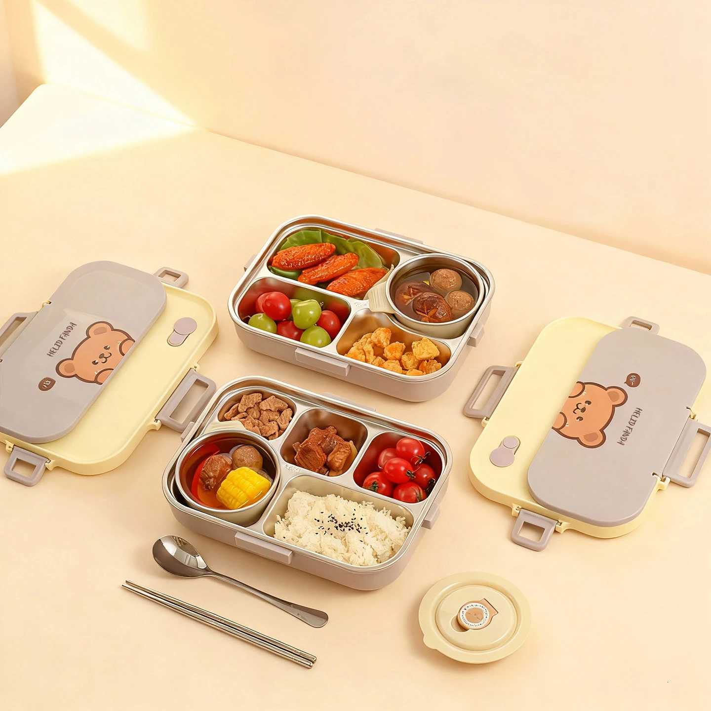 WORTHBUY 1500ml 304 Stainless Steel Lunch Box For Kids With Cutlery Bowl 4/5 Grid Portable Large Capacity Food Lunch Container H251213