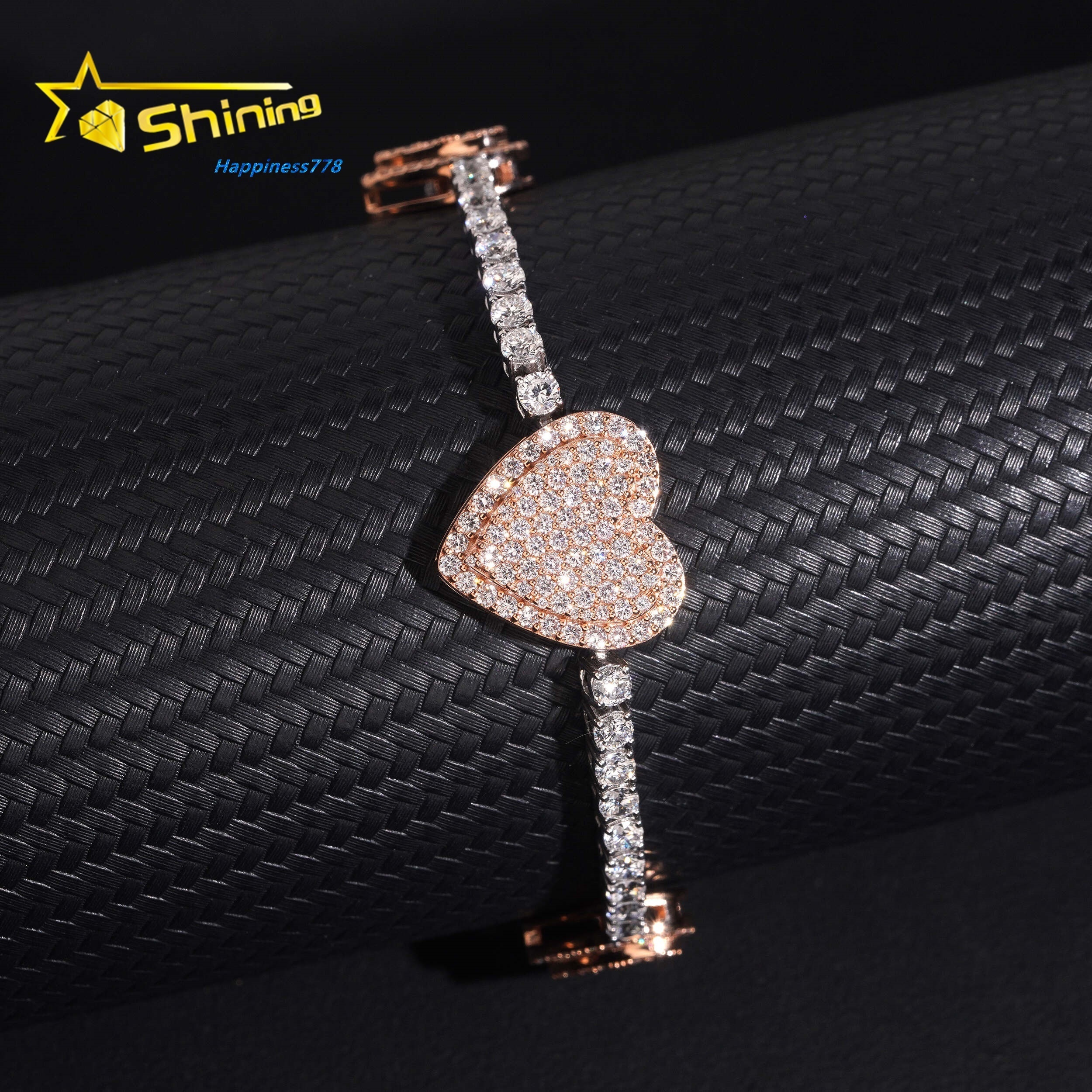 VVS Moissanite Diamond 10K Solid Rose Gold Mix White Gold Heart Charm Tennis Bracelet