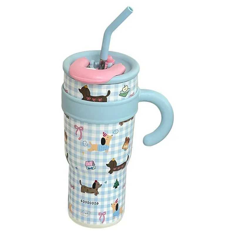 1200ml Cute Water Bottles Large Capacity Thermos Bottle with Straw 700ml Coffee Cup Birthday Gift Travel Mugs with Handle H251215