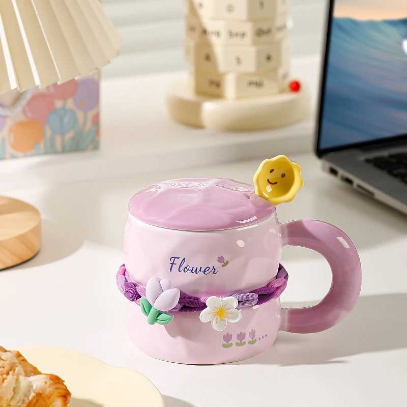 Girls Household Lovely Flower Ceramic Cup with Lid Spoon Advanced g Tip Cup H251215