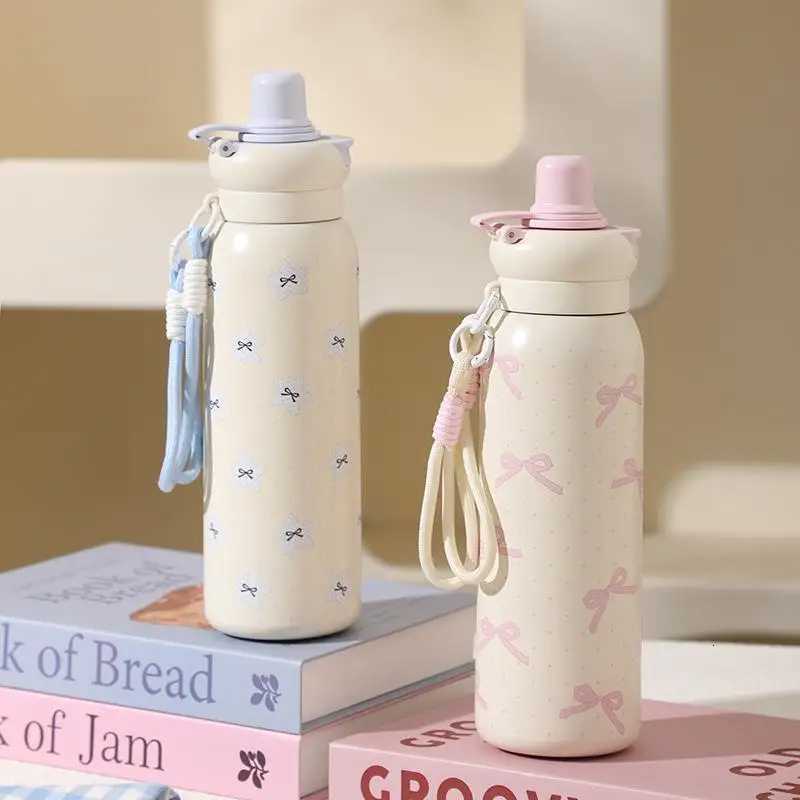 Cute Cartoon Fashion Straw Cup Large Capacity Student Dual Water Bottle Stainless Steel Insulated Flask Bow Bear Pattern H251215