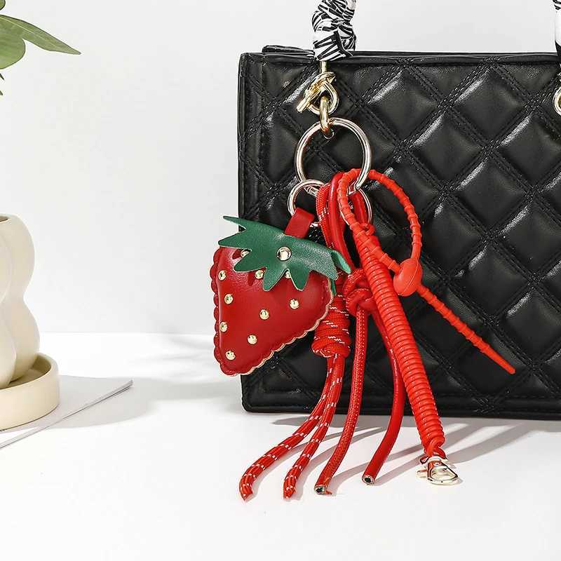 Cute Leather Strawberry Bag Pendant Charms Nylon Rope Keychain Aesthetics Backpack Accessories For Women Gift M251215