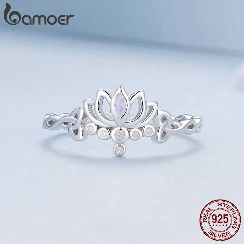 Bamoer Lotus Ring 925 Sterling Silver Elegant Flower Purple Zircon Women Unique Natural Plant Design M251215