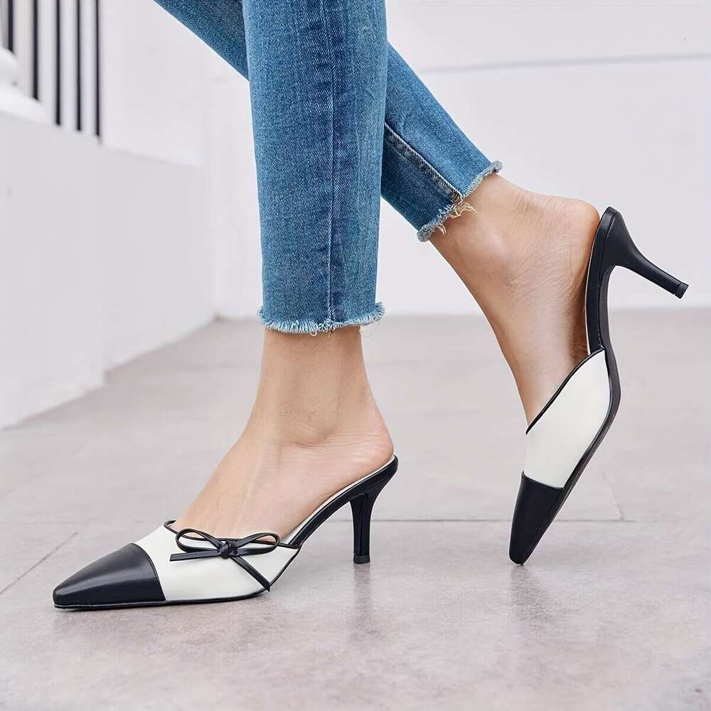 Womens Bow Tie Mules Heels Two Tone Closed Pointed Toe Slip On Backless Wedding Dress Shoes Pumps