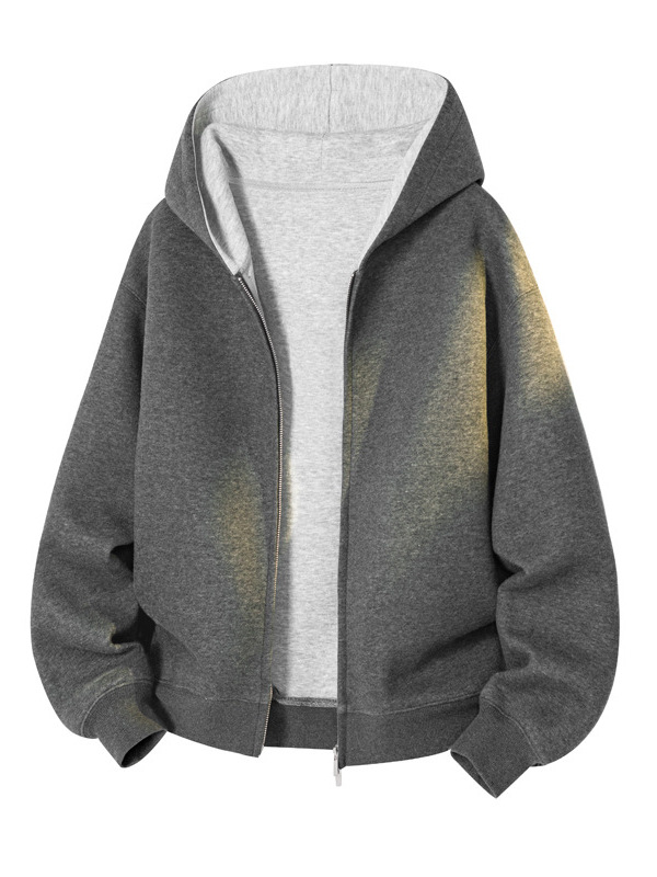 430G Heavyweight Patchwork Cardigan Hoodie for Men - American Trendy Brand Boxy Cropped Silhouette Top, Casual Outerwear