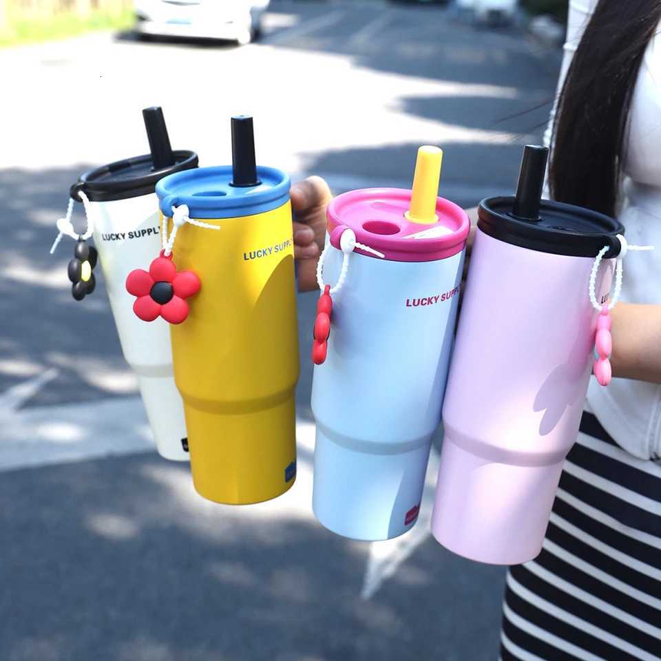 Cute Tumbler With Straw Handle Filter 750ml Large Thermos Bottle Stainless Steel Vacuum Water Bottle For Woman Office Travel Gym H251215