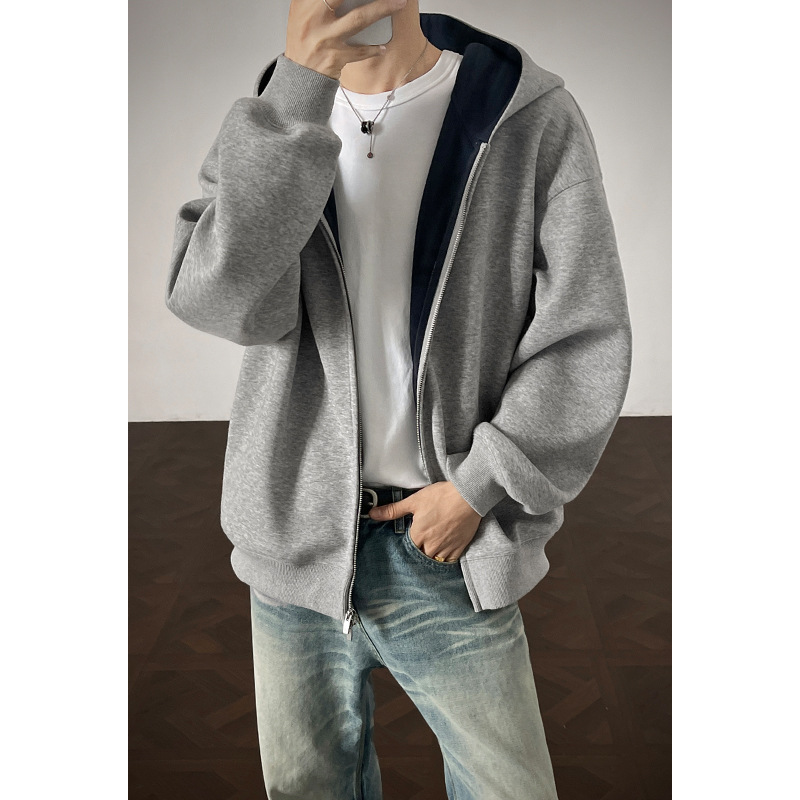 430G Heavyweight Patchwork Cardigan Hoodie for Men - American Trendy Brand Boxy Cropped Silhouette Top, Casual Outerwear