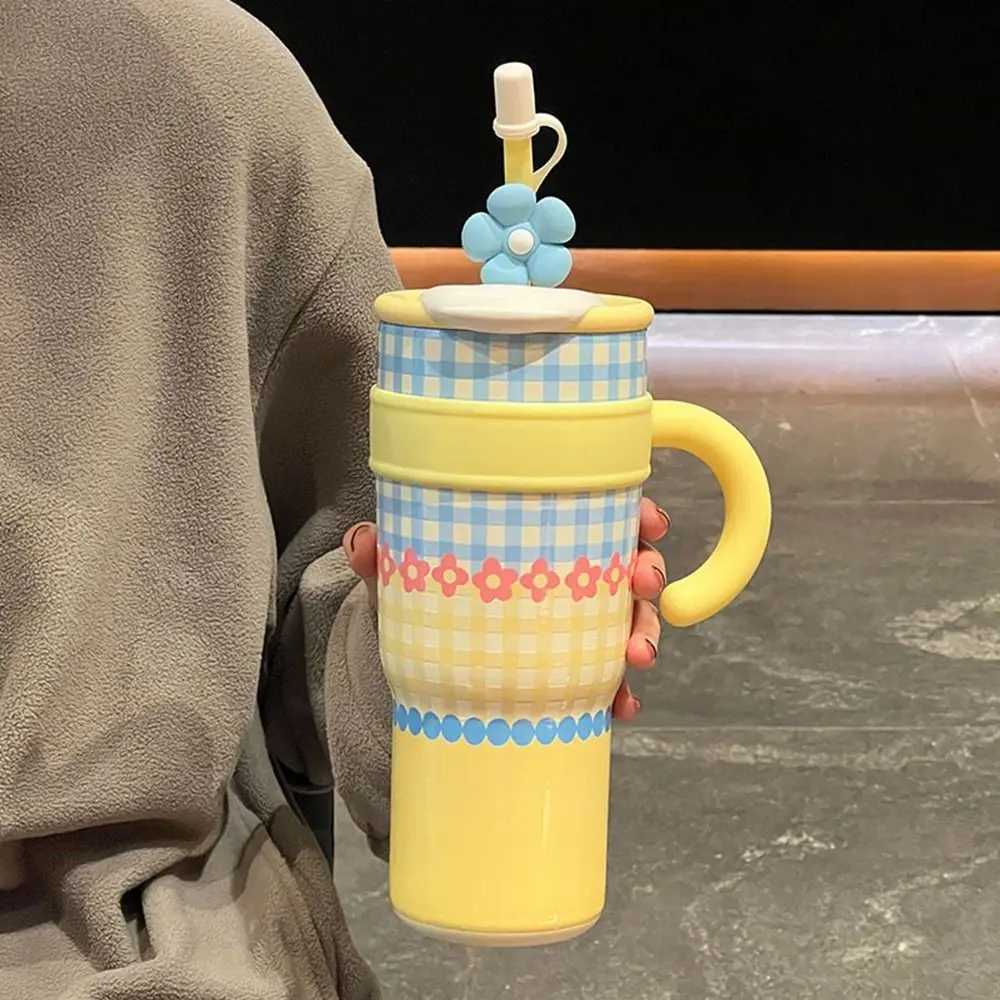 1200ml Straw Thermos Cup Stainless Steel Ceramic Inner Drinking Straw Cup Large Capacity Double Drinking Straw H251215