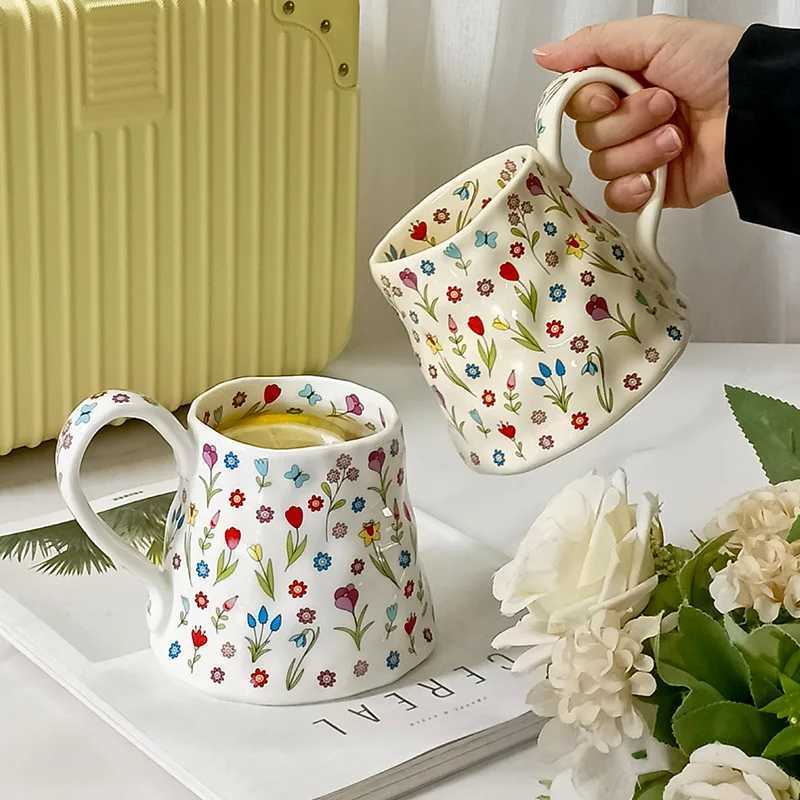 Ceramic Coffee g with Floral Design French Retro Water Cup for Girls Household Off Milk Coffee Broken Flower Cup New H251215