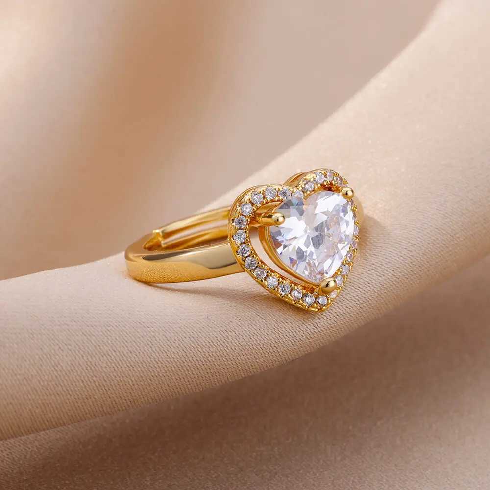Stainless Steel Heart Rings For Women Zircon Gold Plated Heart Adjustable Ring Femme Wedding Party Accessories Jewelry Gift 2023 M251215