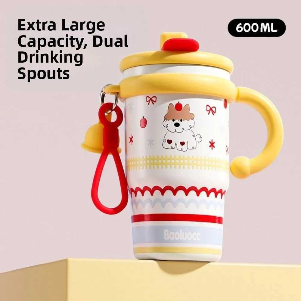 600ml Thermal Water Bottle Leak Proof Cute Outdoor Insulated Mug Creative Large Capacity Drinking Straw Cup for Student Children H251215
