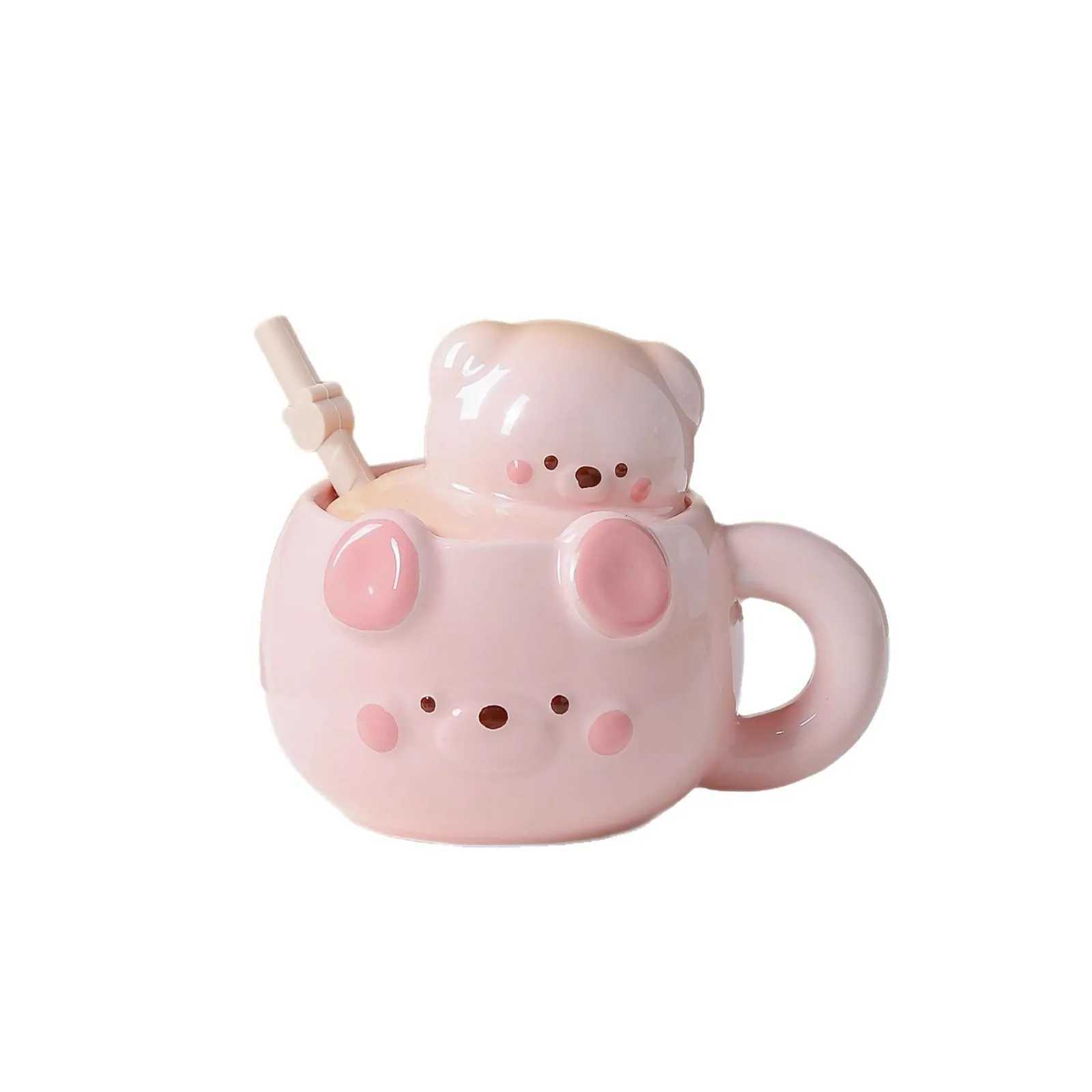 Cartoon Pig Bear Shaped Coffee g With Lid And Silicone Straw Ceramic Kids Water Cup Porcelain gs H251215
