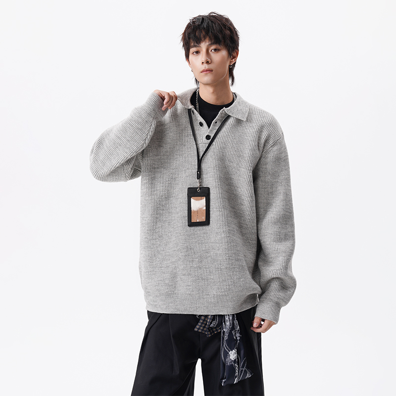 Unisex Casual Oversized Polo Sweater - Rib Knit Loose-Fit Pullover, Warm Comfortable Knit Top for Daily Outfits-M451