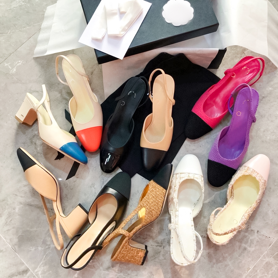 High heel slingback sandal Designer mary jane shoe woman luxury chunky heel sandale lambskin Leather slide Casual slipper dress promdress girl wed ballet flat shoes