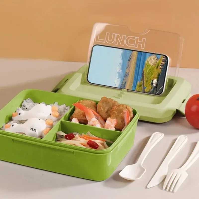 Portable Microwave Safe Bento Box with Fork and Spoon Leak-Proof Square Divider Food Storage Container for Off Lunch Picnic H251213