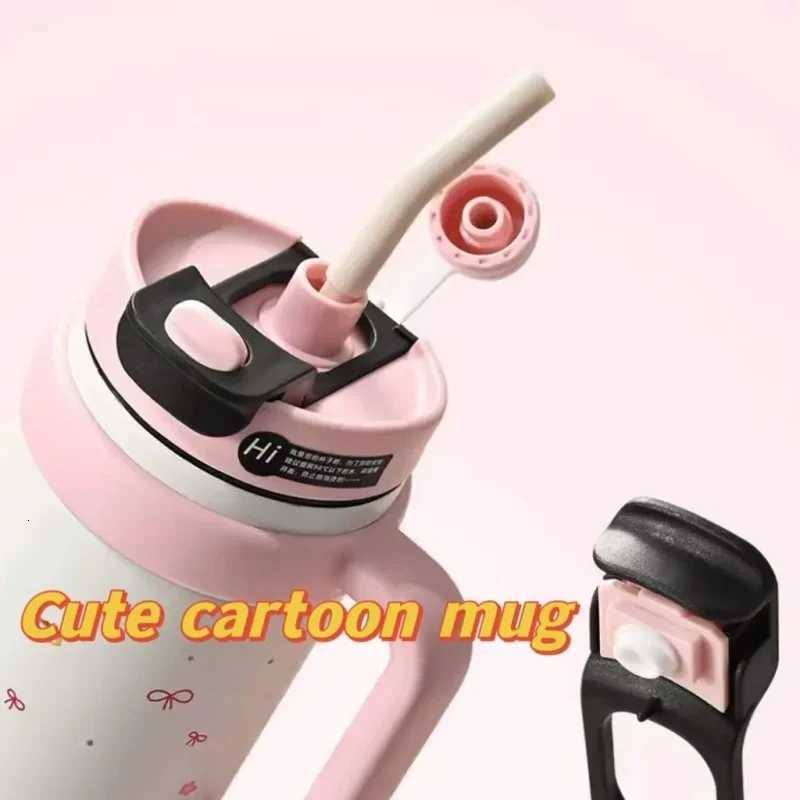 1000ML cute cartoon thermos cup 316 stainless steel ice cup non-slip frosted handle straw Super large capacity thermos cup H251215