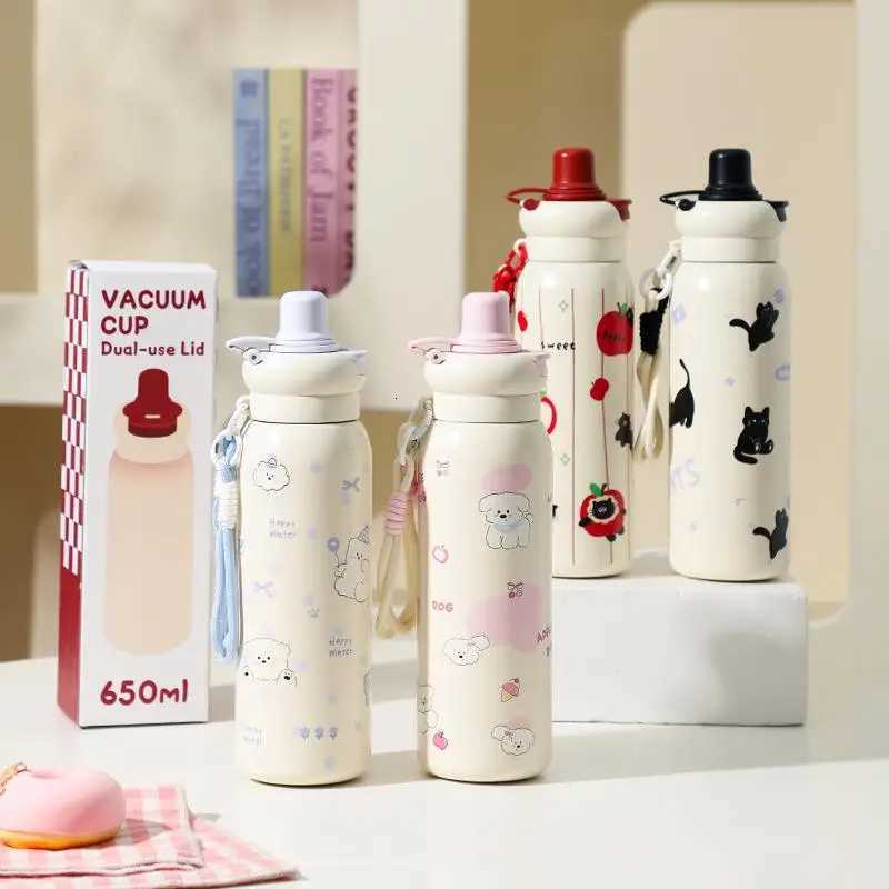 Cute Cartoon Fashion Straw Cup Large Capacity Student Dual Water Bottle Stainless Steel Insulated Flask Bow Bear Pattern H251215