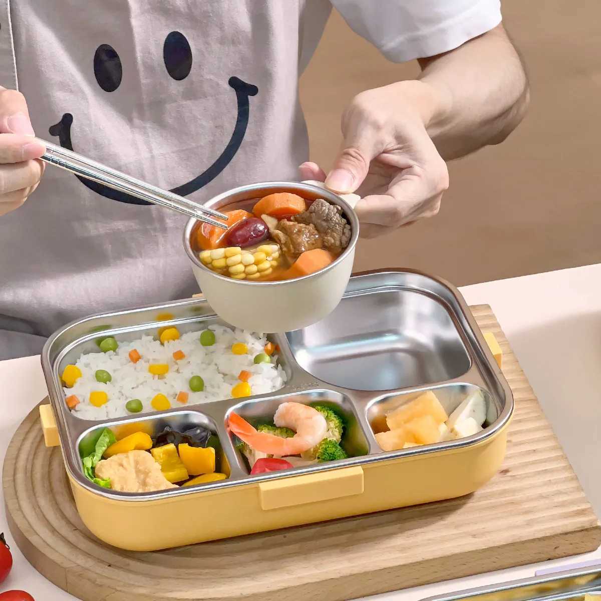 WORTHBUY Large Capacity Lunch Box For Kids Students With Bowl Cutlery 4/5 Grids Sed 304 Stainless Steel Food Container Set H251213