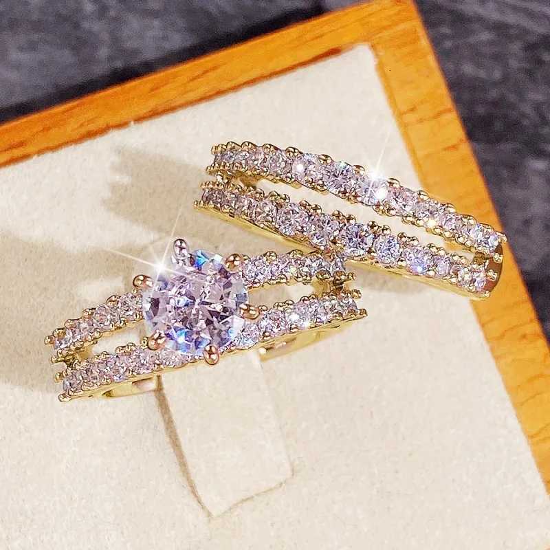 Huitan Trendy Hollow Set Rings Full Bling Iced Out CZ Stone Luxury Women Wedding Engagement Rings 2Pcs Set Jewelry Drop Shipping M251215