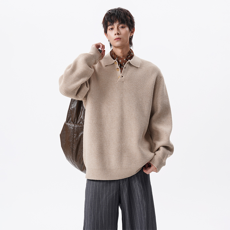 Unisex Casual Oversized Polo Sweater - Rib Knit Loose-Fit Pullover, Warm Comfortable Knit Top for Daily Outfits-M451