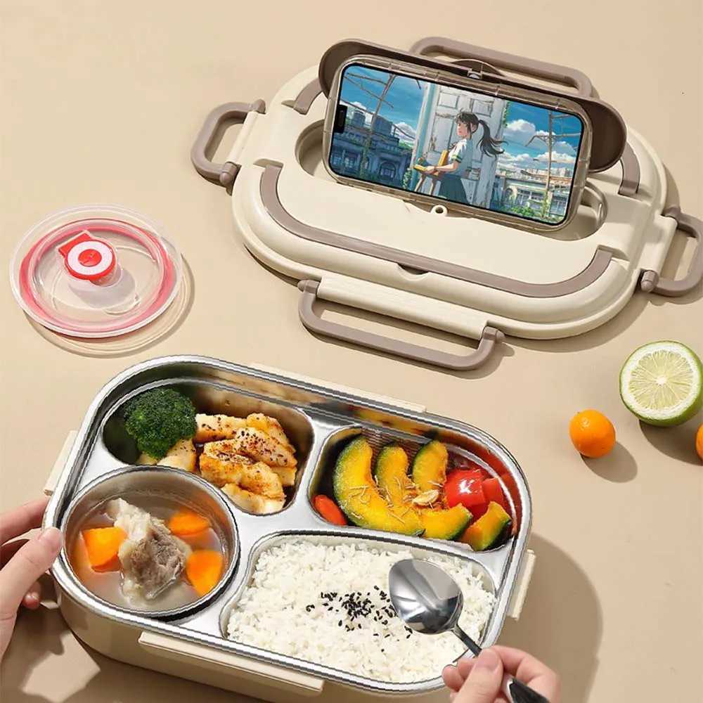 304 stainless steel lunch box with soup bowl 4 cpartments equipped with spoon chopsticks portable handle microwave heating H251213