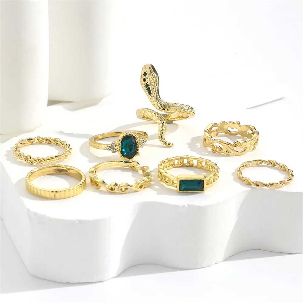 8Pcs/Set Ins Style Vintage Faux Gemstone Snake Twist Ring For Women Retro Ocean Wave Geometric Setting Rhinestone Ring Set M251215