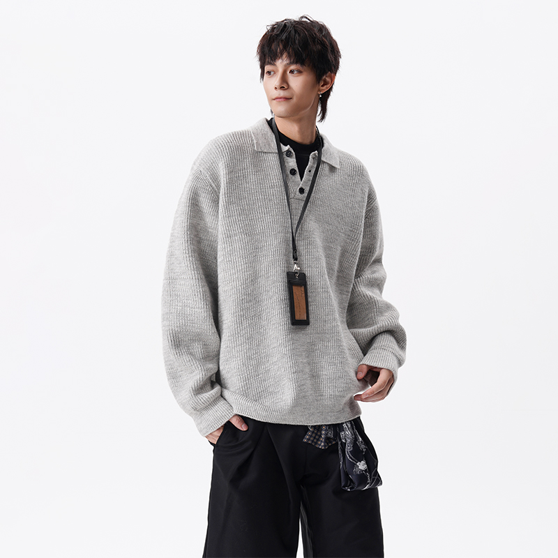 Unisex Casual Oversized Polo Sweater - Rib Knit Loose-Fit Pullover, Warm Comfortable Knit Top for Daily Outfits-M451
