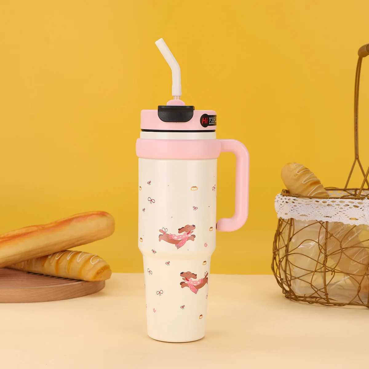 Insulated Tumbler with Hanlde 1000ml Metal Stainless Steel Vacuum Portable Straw Cup Large Thermal Mug for Hot and Cold Coffee H251215