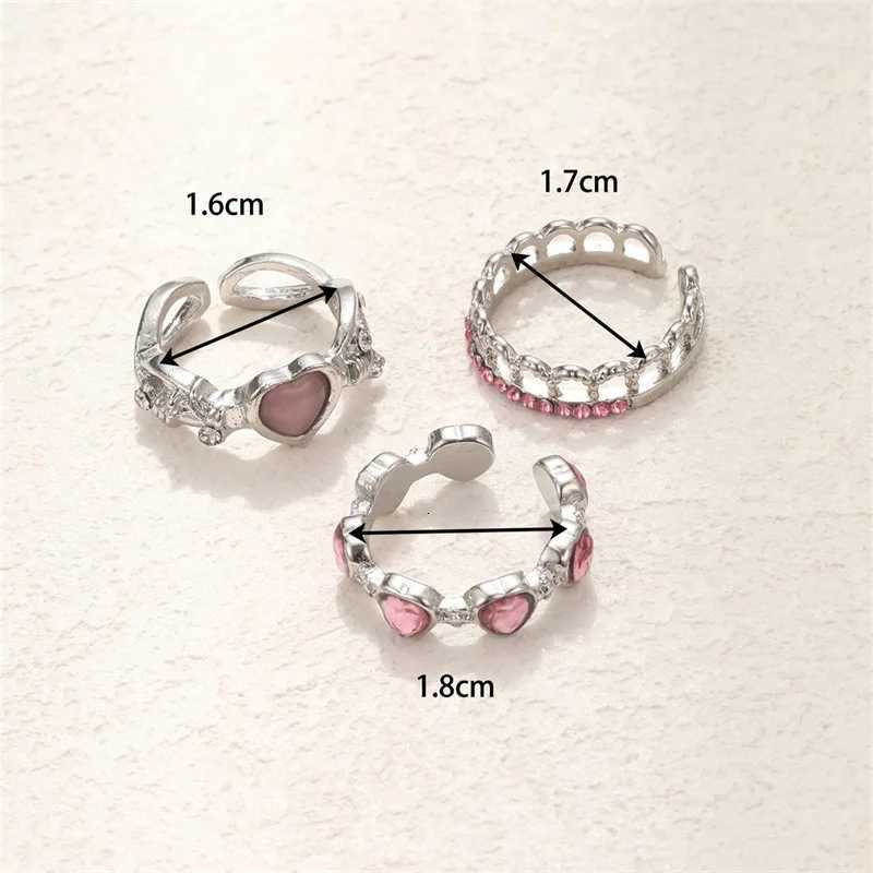 3pcs Fashion Heart Zircon Open Rings Set for Women Gothic Sweet Girls Geometric Finger Rings Y2K Party Jewelry Accessories M251215