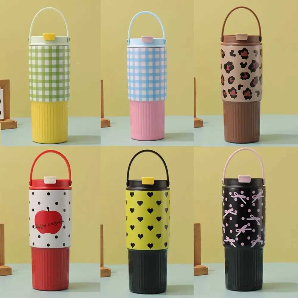 800ML Stainless Steel King Cup With Handheld Bow Love Grid Print Vacuum Straw Cups Insulation Or Cooling Car Water Cups Gift H251215