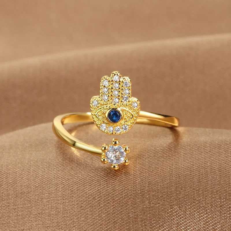 YILUOCD Hamsa Fatimas Hand Open Rings Turkish Blue Cubic Zircon Evil Eye Ring Protection Amulet Islamic Je Jewelry M251215