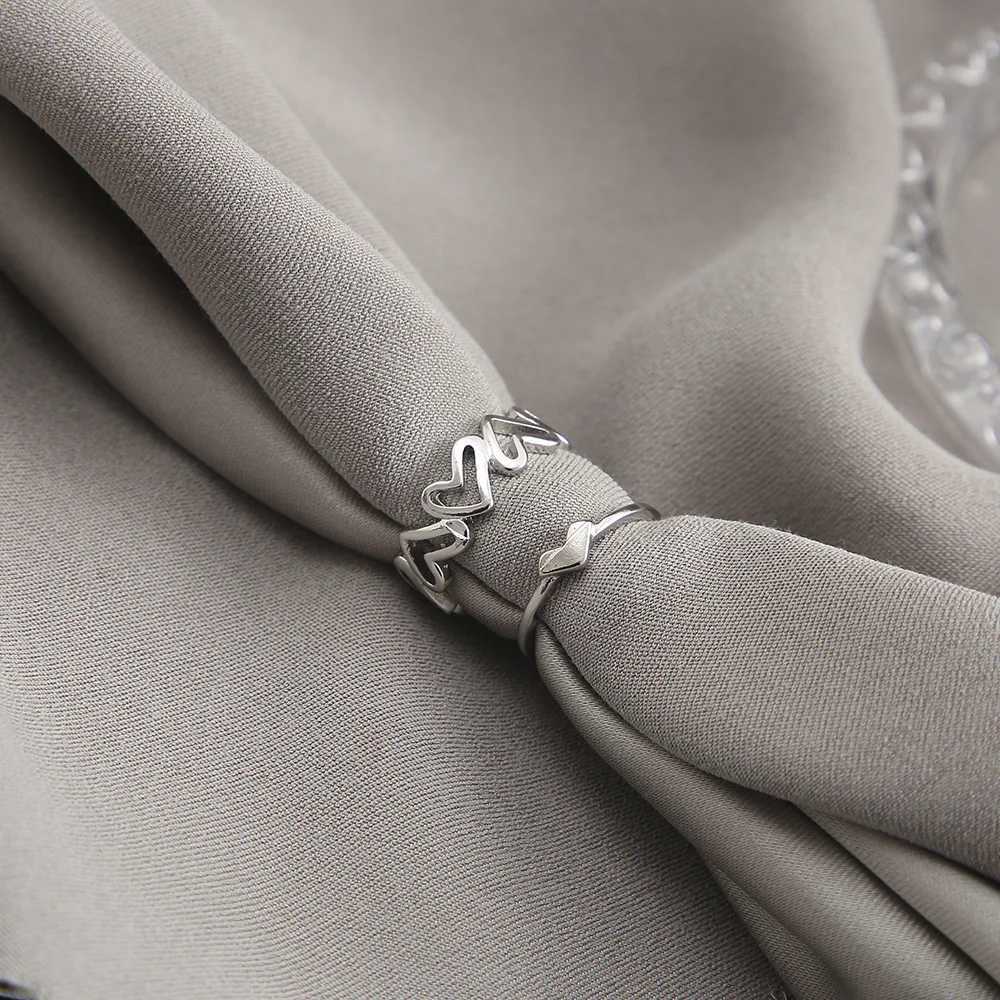 Silver Color Hollowed Heart Shape Open Ring Set Design Cute Fashion Jewelry For Women Girl Gifts Adjustable Birthday Party M251215
