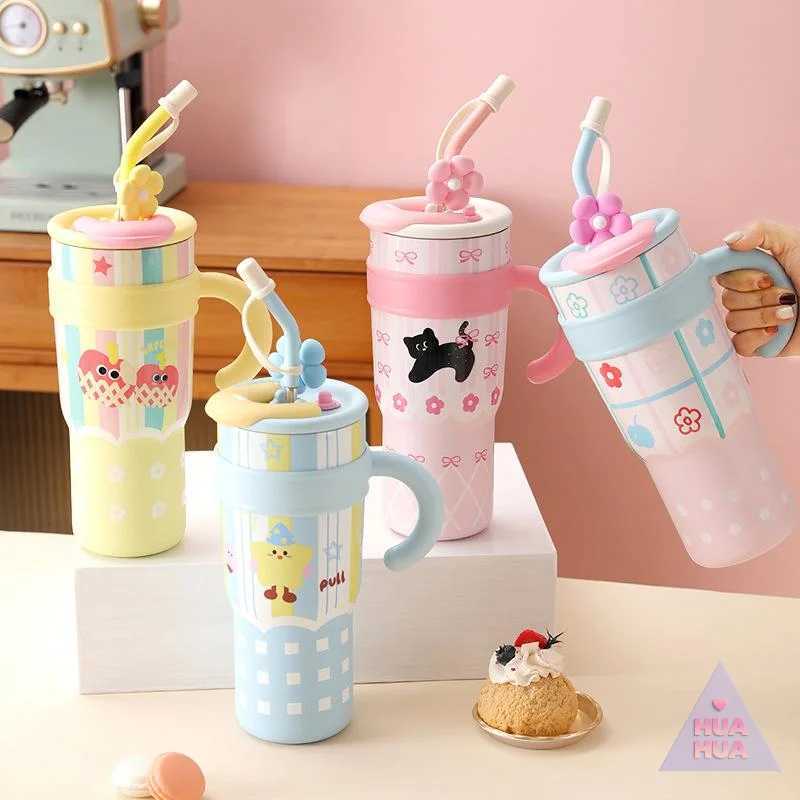 700/1200ml Stainless Steel Thermos Bottle Cute Ins Cat Straw Cup Large Capacity Water Bottle Car Outdoor Travel Coffee Mug Gift H251215