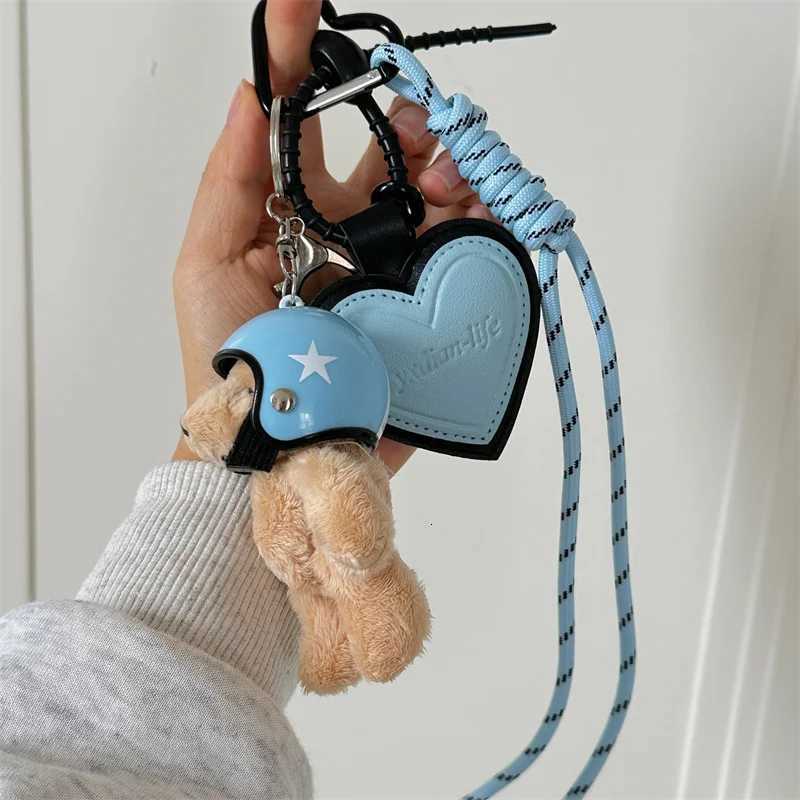 Cute Helmet Bear Pendant DIY Personality Car Key Chain Decoration Charm Woven Rope Hanging Mobile Phone Key Ring Bag Accessories M251215
