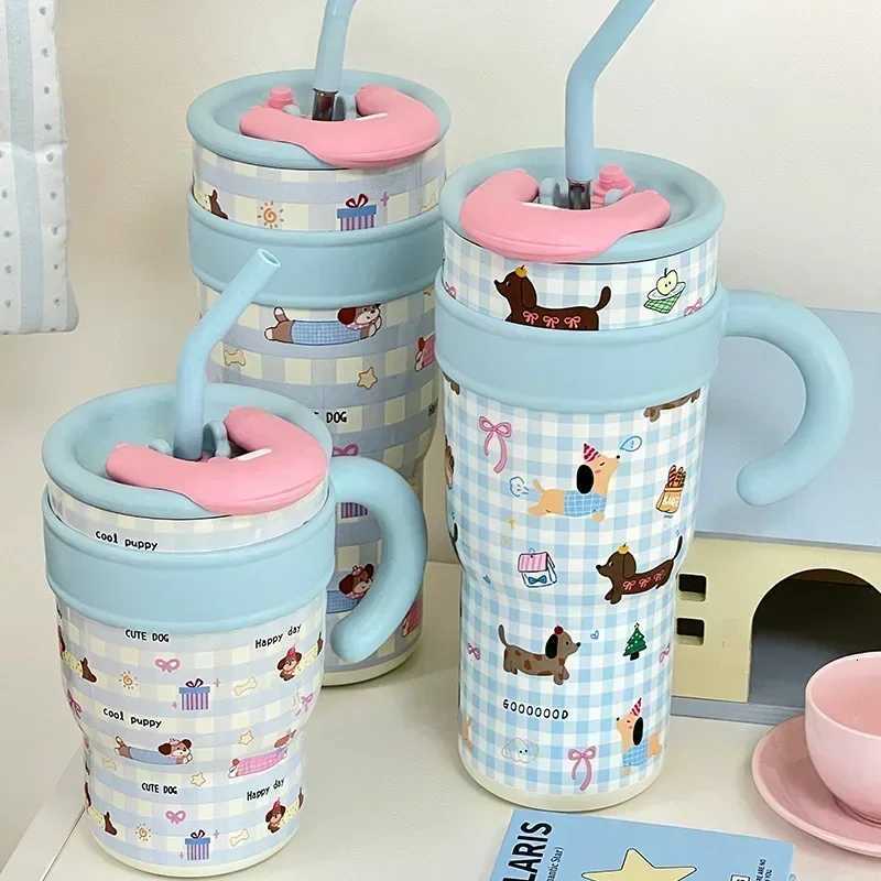 1200ml Cute Water Bottles Large Capacity Thermos Bottle with Straw 700ml Coffee Cup Birthday Gift Travel Mugs with Handle H251215