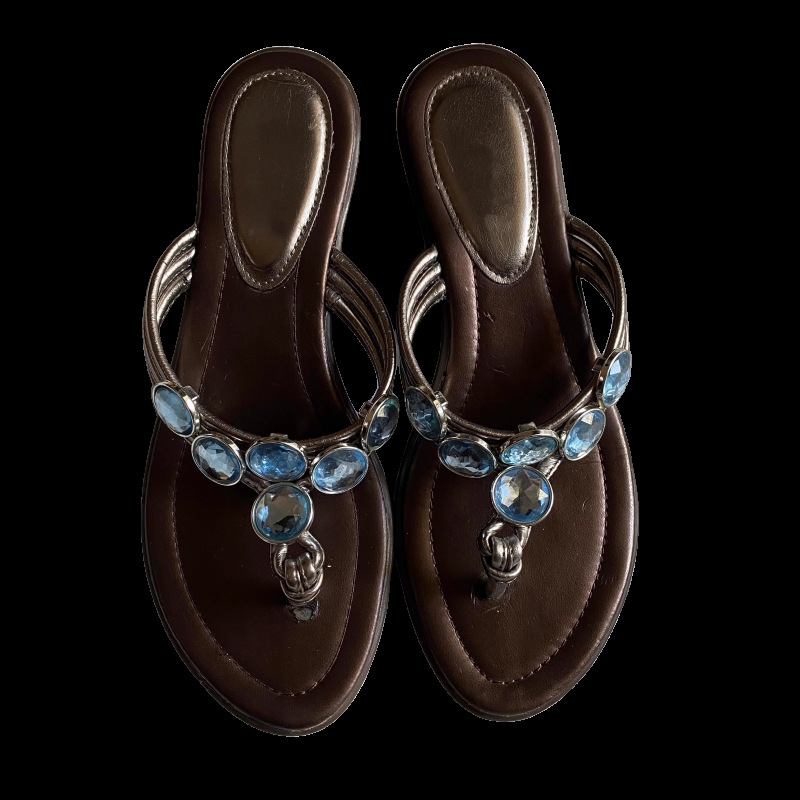 Retro fashion clip-toe flip flops women's 2025 new blue rhinestone pedal wedge heel French cool flip flops to wear outside