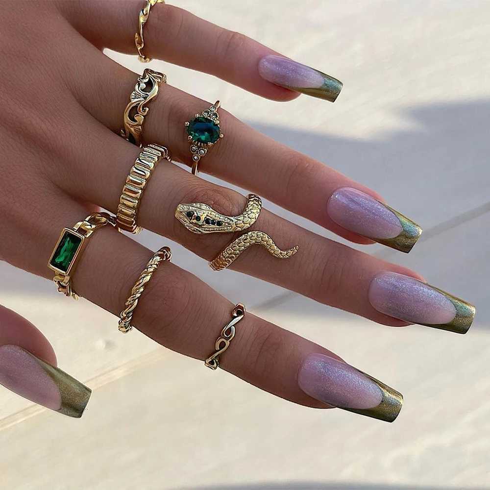 8Pcs/Set Ins Style Vintage Faux Gemstone Snake Twist Ring For Women Retro Ocean Wave Geometric Setting Rhinestone Ring Set M251215