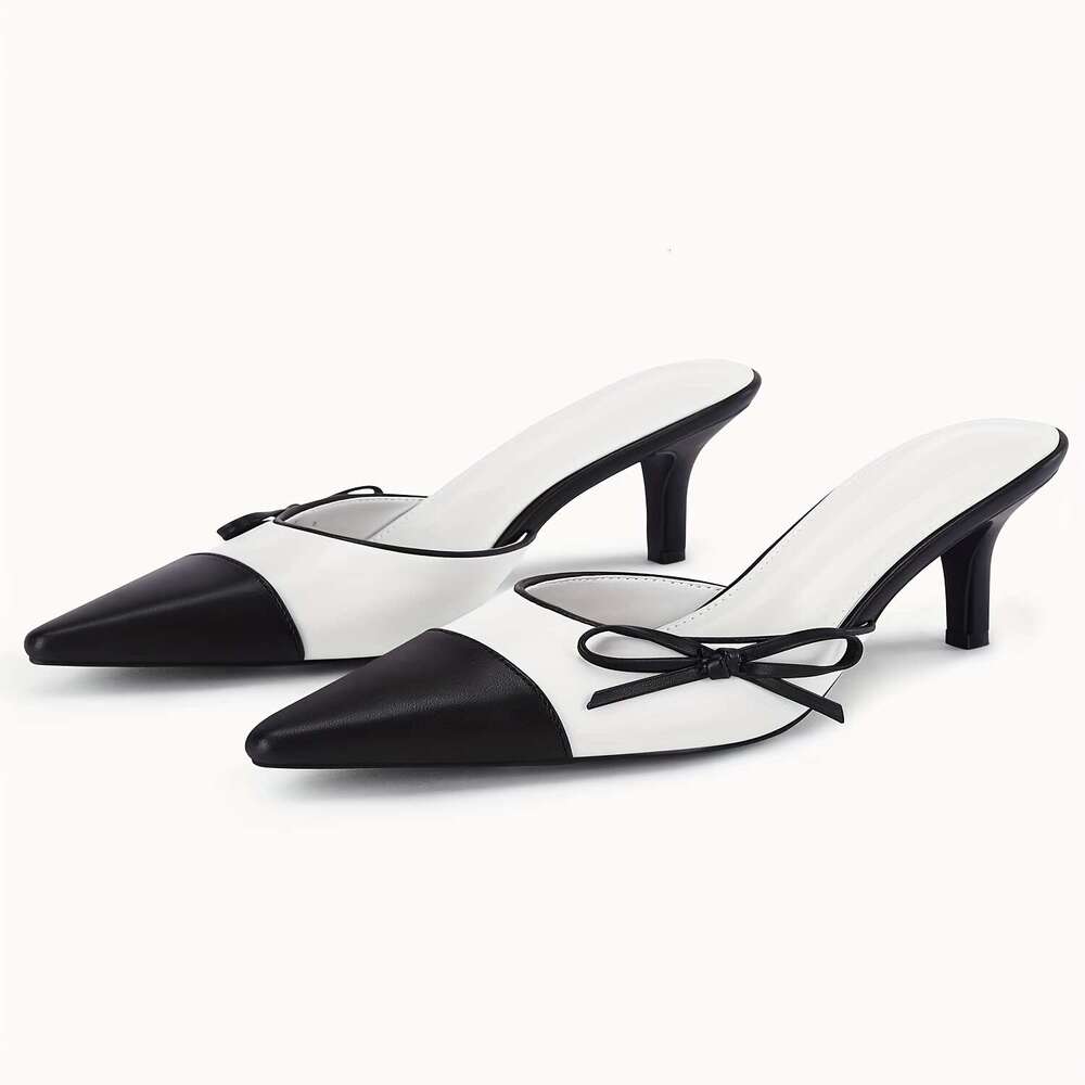 Womens Bow Tie Mules Heels Two Tone Closed Pointed Toe Slip On Backless Wedding Dress Shoes Pumps