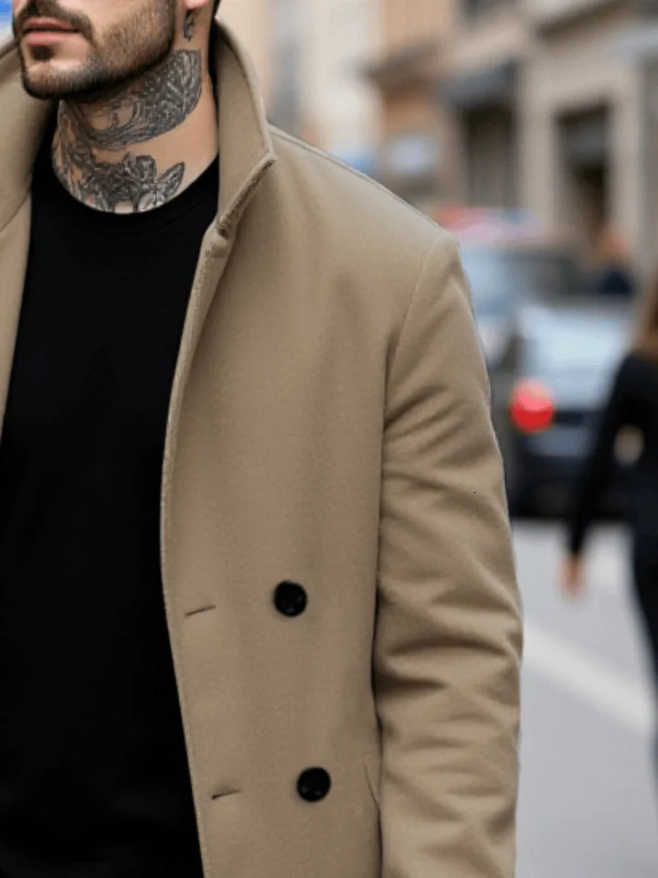 Mens Streetwear Wool Coat DoubleBreasted Retro n Thickened Tweed with Warm Stand Collar Manswear 251211 - view 3